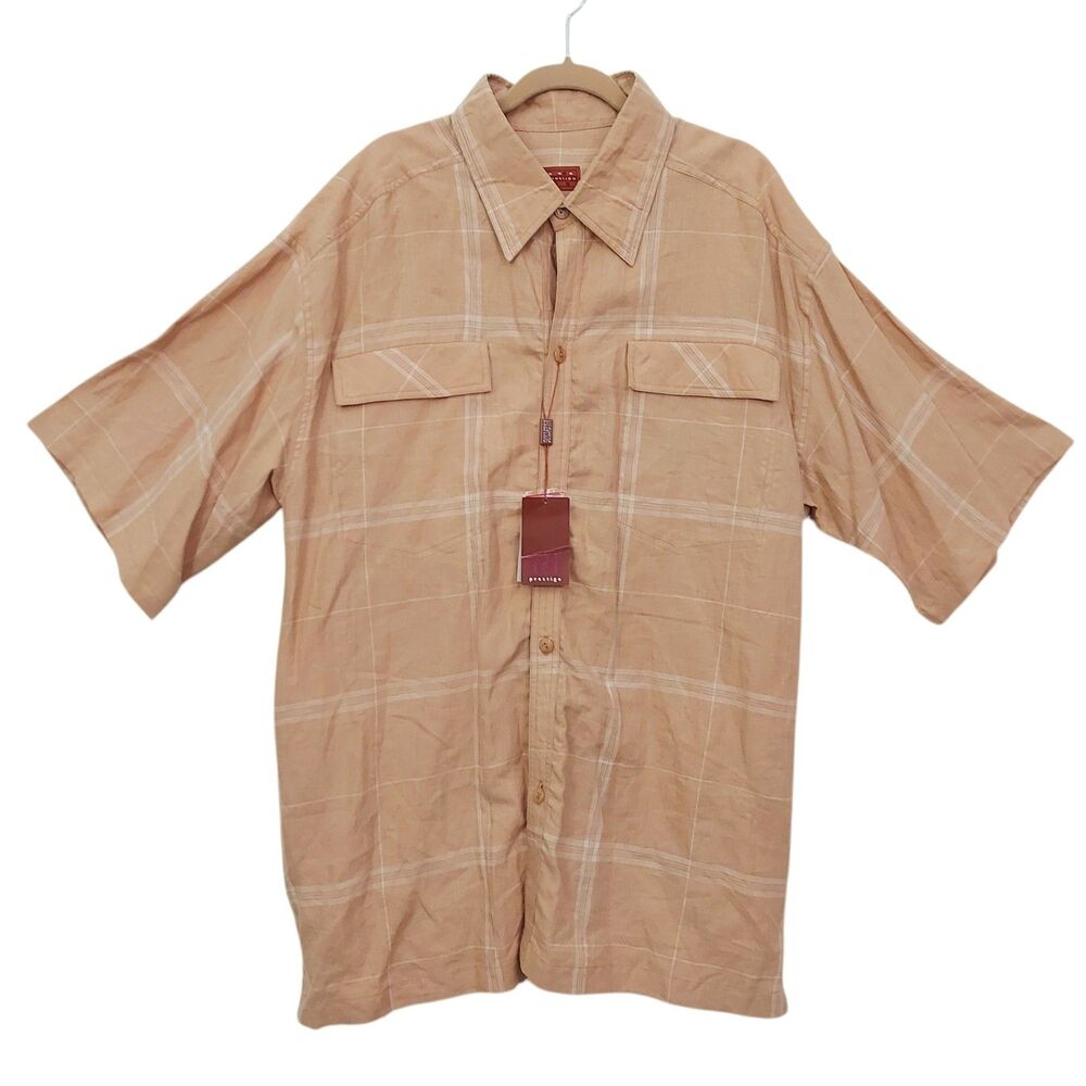 Prestige Linen Shirt Mens XXL Light Brown Checks Short Sleeve Casual